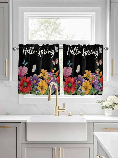 Spring Flowers Half Window Curtains 24 Inches Long, Watercolor Country Colorful Floral Black Window Treatment Curtain Drapes, Short Curtains Tiers for Kitchen Over Sink, 27.5"x24", 2 Panels