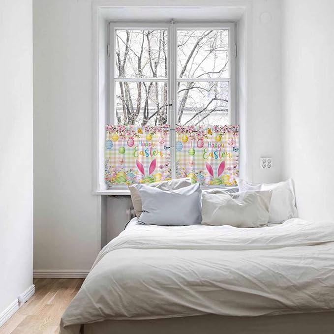 Happy Easter Half Window Curtains 24 Inches Long, Spring Bunny Colorful Eggs Flower Plaid Window Treatment Curtain Drapes, Short Curtains Tiers for Kitchen Over Sink, 27.5"x24", 2 Panels