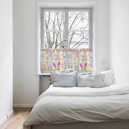 Happy Easter Half Window Curtains 24 Inches Long, Spring Bunny Colorful Eggs Flower Plaid Window Treatment Curtain Drapes, Short Curtains Tiers for Kitchen Over Sink, 27.5"x24", 2 Panels
