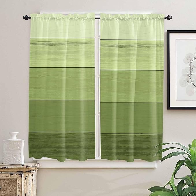 Gradient Green Wooden Board Window Valance Curtains, Retro Country Wood Grain Light Filtering Kitchen Valance with 3-inch Rod Pocket for Living Room Bathroom Bedroom,2 Panel,42x63In