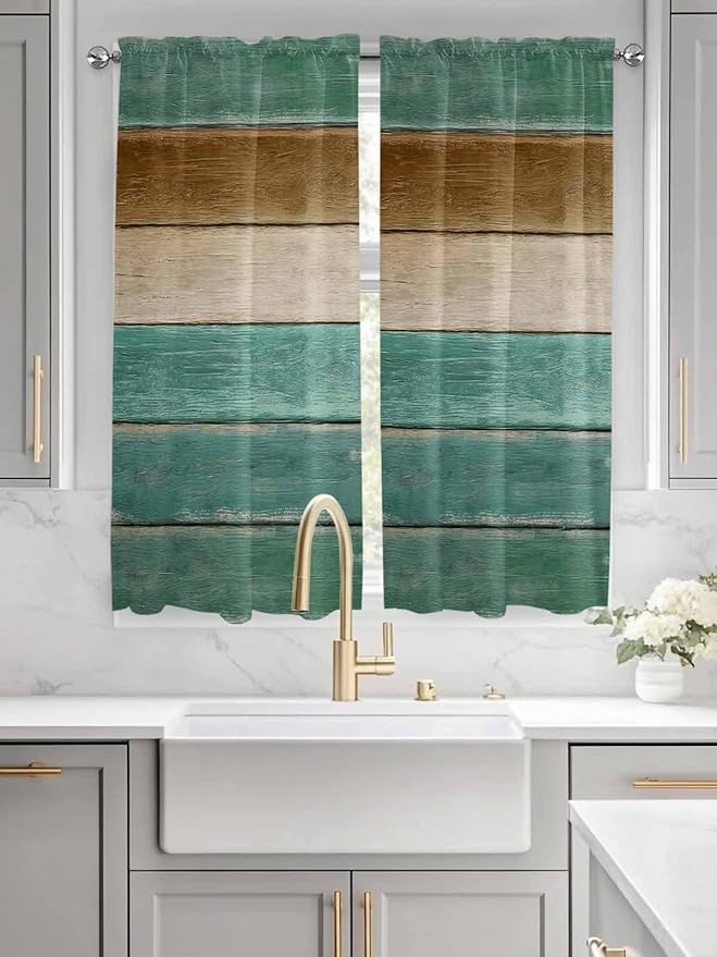Vintage Plank Turquoise Brown Window Valance Curtains, Farmhouse Wood Grain Light Filtering Kitchen Valance with 3-inch Rod Pocket for Living Room Bathroom Bedroom,2 Panel,52x72In