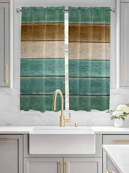 Vintage Plank Turquoise Brown Window Valance Curtains, Farmhouse Wood Grain Light Filtering Kitchen Valance with 3-inch Rod Pocket for Living Room Bathroom Bedroom,2 Panel,52x72In