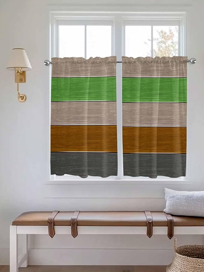 Farm Gray Green Brown Wood Grain Window Valance Curtains, Rustic Wooden Plank Light Filtering Kitchen Valance with 3-inch Rod Pocket for Living Room Bathroom Bedroom,2 Panel,42x54In