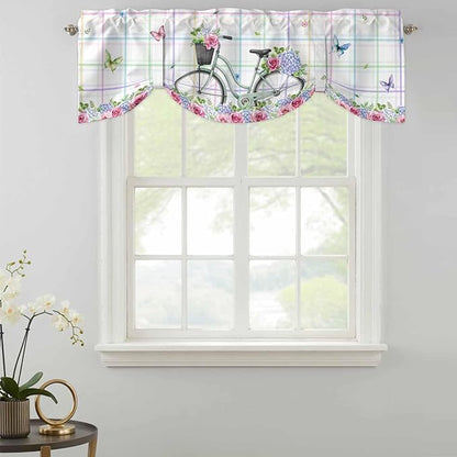 Spring Tie Up Valance Curtains for Windows, Kitchen Curtains Window Shades, Bicycles Botanical Leaves Rose Colorful Stripes Light Filtering Roman Curtain Valances for Bedroom/Bathroom/Cafe 42"x18"
