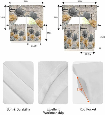 Vintage Tulip Swag Kitchen Curtains Valance and Tier Set, Farmhouse Retro Blue Yellow Grey Flower Barn Door Light-Filtering Swag Valance 36 Inch Length, Rod Pocket Short Curtain for Bedroom Cafe