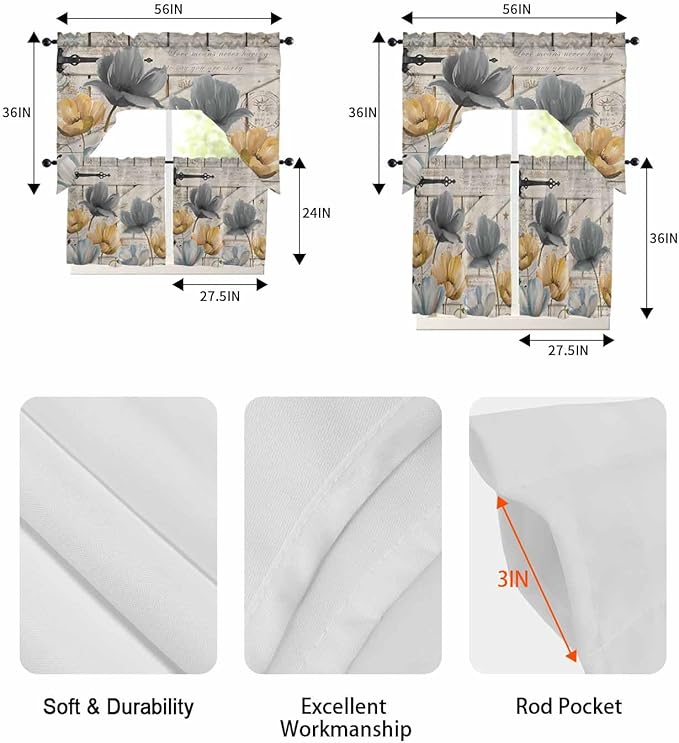 Vintage Tulip Swag Kitchen Curtains Valance and Tier Set, Farmhouse Retro Blue Yellow Grey Flower Barn Door Light-Filtering Swag Valance 24 Inch Length, Rod Pocket Short Curtain for Bedroom Cafe