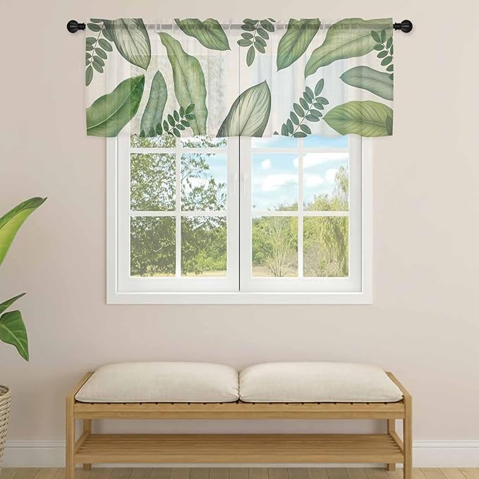 Summer Palm Leaf Sheer Valance Curtains, Green Tropical Plants Nature Leaves Linen Light Filtering Kitchen Valances Rod Pocket Voile Curtain Window Treatment for Bedroom/Living Room/Basement 54Wx18L