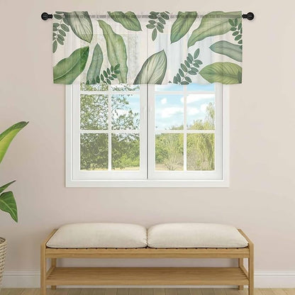 Summer Palm Leaf Sheer Valance Curtains, Green Tropical Plants Nature Leaves Linen Light Filtering Kitchen Valances Rod Pocket Voile Curtain Window Treatment for Bedroom/Living Room/Basement 54Wx18L