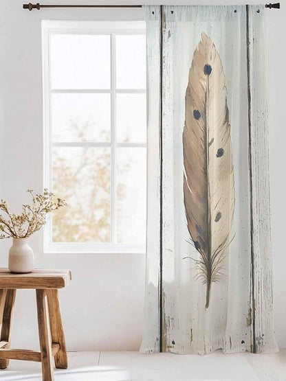Sheer Curtains 96 Inches Long, Farmhouse Feather Semi Sheer Curtains Light Filtering Window Treatment, Watercolor Vintage Wooden Grain Privacy Voile Drapes for Living Room Bedroom 52x96 Inch