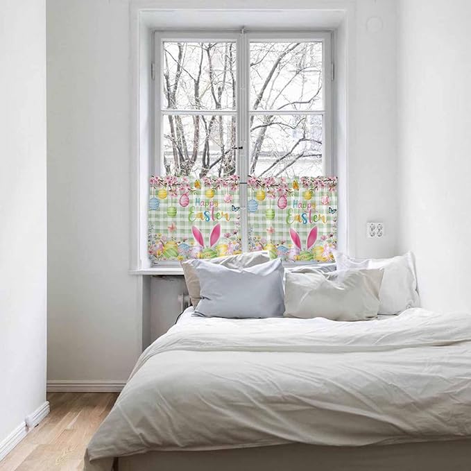 Happy Easter Half Window Curtains 24 Inches Long, Spring Bunny Eggs Flower Sage Green Plaid Window Treatment Curtain Drapes, Short Curtains Tiers for Kitchen Over Sink, 27.5"x24", 2 Panels