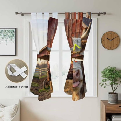 Farm Yaks Living Room Curtains 84 Inch Length, Window Curtains Tab Top, Farmhouse Barn Funny Animals Butterfly Light Filtering Window Treatments Drapes 42"x84" 2 Panel