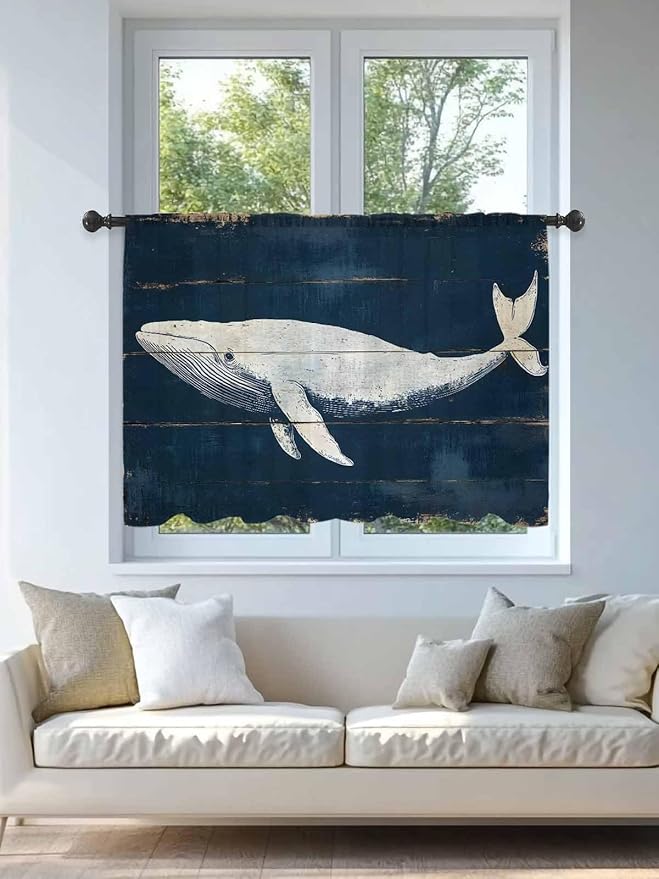 Sheer Curtains 54 Inch Length, Ocean Whale Blue Semi Sheer Curtains Light Filtering Window Treatment, Watercolor Coastal Vintage Wood Grain Privacy Voile Drapes for Living Room Bedroom 52x54 Inch