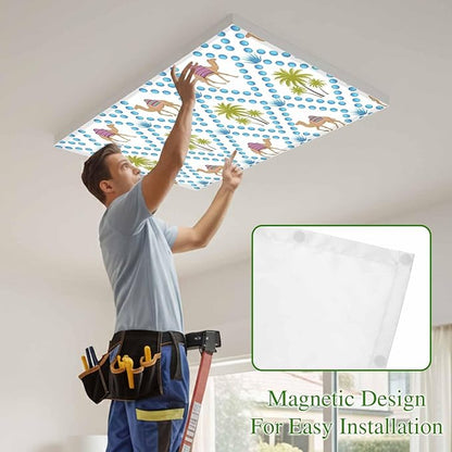 2 Pack Fluorescent Light Cover, Camels Palm Trees Light Covers for Ceiling Lights, Tropical Desert Animal Plants Polka Dot Magnetic Lights Filters Ceiling Shade for Classroom/Office - 4 x 2 Feet