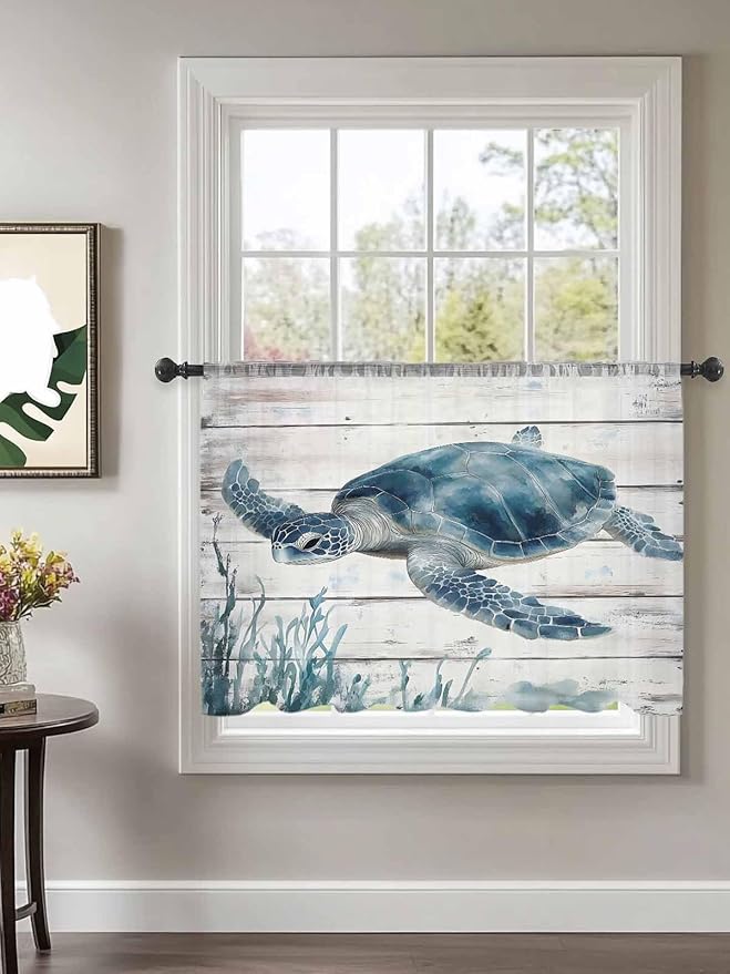 Sheer Curtains 54 Inch Length, Ocean Sea Turtle Semi Sheer Curtains Light Filtering Window Treatment, Coastal Seaweed Vintage Wood Grain Privacy Voile Drapes for Living Room Bedroom 52x54 Inch