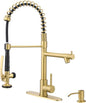 Fapully Commercial Kitchen Sink Faucet with Pull Down Sprayer Brushed Gold Single Handle Faucets for Kitchen Sink, Kitchen Faucet with Soap Dispenser and Deck Plack for 4 Hole