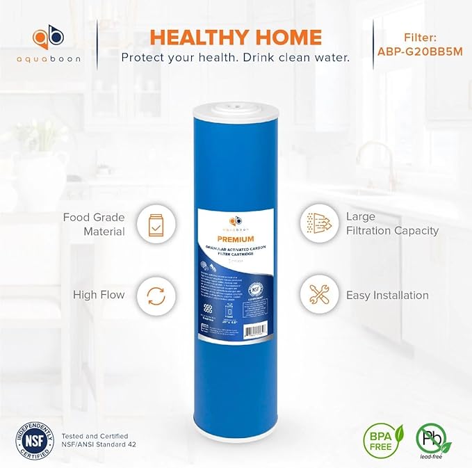 Aquaboon 5 Micron 20 x 4.5 Premium Granular Activated Carbon Water Filter Cartridge Replacement - GAC Filter Compatible with AP117, GAC-10, 6 Pack