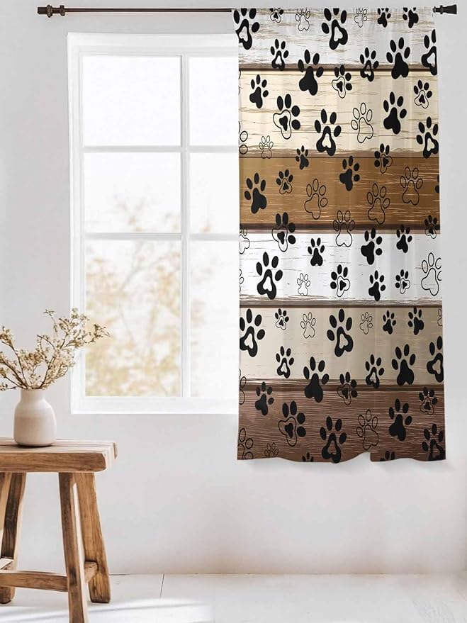 Sheer Curtains 72 Inches Long, Brown Beige Farmhouse Semi Sheer Curtains Light Filtering Window Treatment, Black Dog Paw Vintage Wooden Privacy Voile Drapes for Living Room Bedroom 52x72 Inch