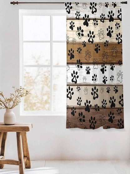Sheer Curtains 72 Inches Long, Brown Beige Farmhouse Semi Sheer Curtains Light Filtering Window Treatment, Black Dog Paw Vintage Wooden Privacy Voile Drapes for Living Room Bedroom 52x72 Inch