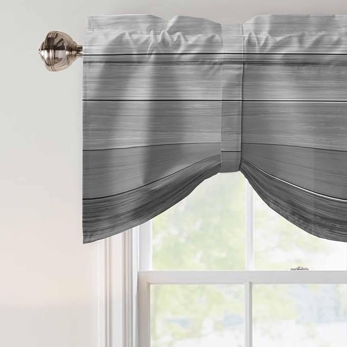 Grey Ombre Wooden Tie Up Valance Curtains for Windows, Kitchen Curtains Window Shades, Farmhouse Retro Gray Wood Gradient Light Filtering Roman Curtain Valances for Bedroom/Bathroom/Cafe 42"x18"