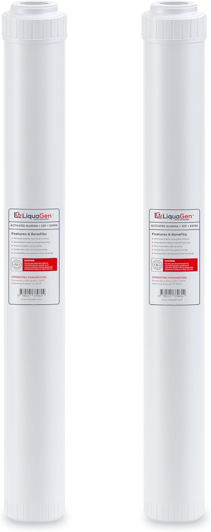 LiquaGen Activated Alumina + Carbon + KDF-55 Replacement Water Filter Cartridge – Helps Manage Fluoride, Chlorine & Taste, Refillable 2.5" x 10", 2.5" x 20", 4.5" x 10", 4.5" x 20" (2, 2.5" x 20")