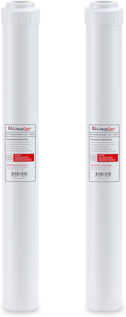 LiquaGen Activated Alumina + Carbon + KDF-55 Replacement Water Filter Cartridge – Helps Manage Fluoride, Chlorine & Taste, Refillable 2.5" x 10", 2.5" x 20", 4.5" x 10", 4.5" x 20" (2, 2.5" x 20")