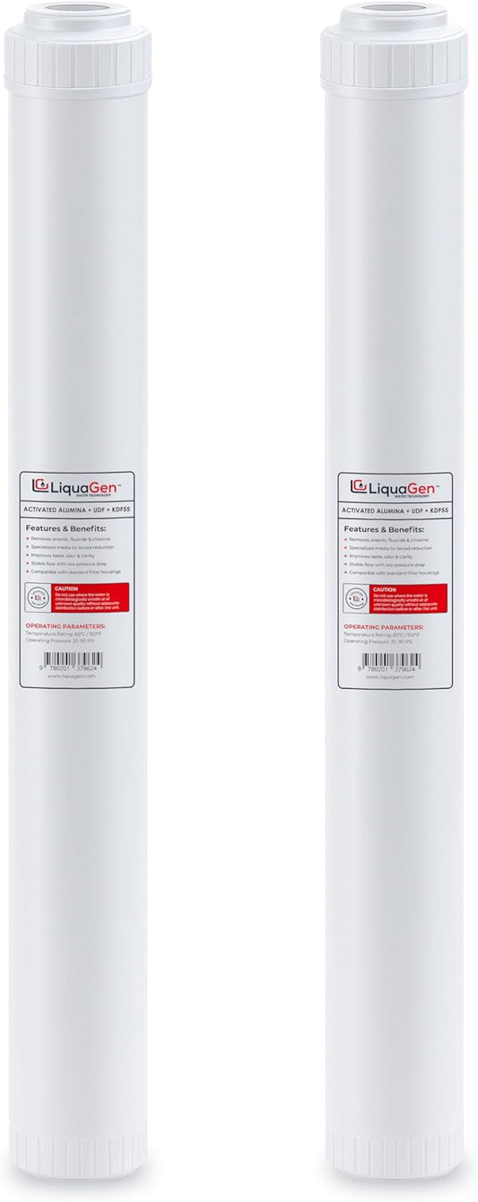 LiquaGen Activated Alumina + Carbon + KDF-55 Replacement Water Filter Cartridge – Helps Manage Fluoride, Chlorine & Taste, Refillable 2.5" x 10", 2.5" x 20", 4.5" x 10", 4.5" x 20" (2, 2.5" x 20")