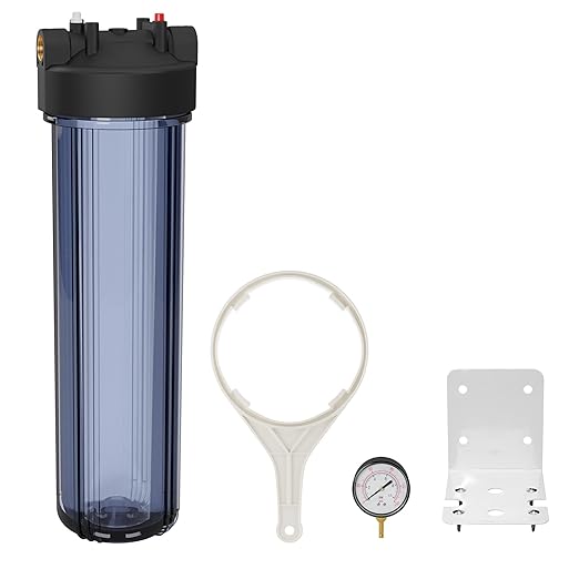 Max Water Whole House 20" x4.5" Purple Clear WH Water Filter Housing 1 inch Inlet/Outlet Ports with Pressure Gauge Wrench and Bracket (1 Housing + 1 Pressure Gauge)