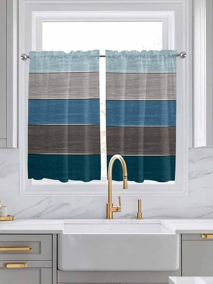 Retro Farm Blue Gray Wood Grain Window Valance Curtains, Rustic Wooden Plank Light Filtering Kitchen Valance with 3-inch Rod Pocket for Living Room Bathroom Bedroom,2 Panel,52x45In