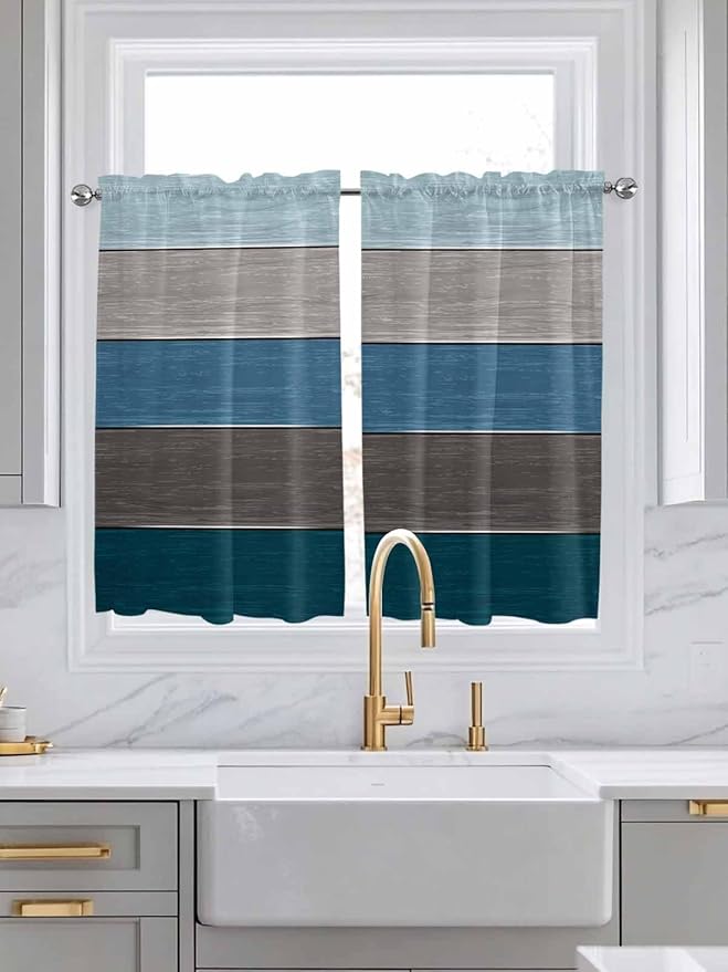 Retro Farm Blue Gray Wood Grain Window Valance Curtains, Rustic Wooden Plank Light Filtering Kitchen Valance with 3-inch Rod Pocket for Living Room Bathroom Bedroom,2 Panel,52x54In