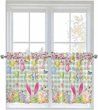 Happy Easter Half Window Curtains 24 Inches Long, Spring Bunny Eggs Flower Sage Green Plaid Window Treatment Curtain Drapes, Short Curtains Tiers for Kitchen Over Sink, 27.5"x24", 2 Panels