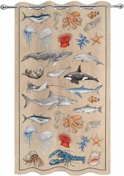 Vintage Outdoor Curtains for Patio Sharks Whales Lobsters Biographies Waterproof Outside Curtains with Grommet Top Weatherproof Curtain for Cabana Pergola Gazebo, 1 Panel, 54" W x 84" L