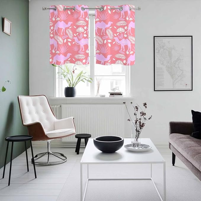 2 Panel Kitchen Cafe Curtains, Desert Camel Sunlight Filtering Nature Air Through, Home Decor Window Covering Tier Curtains for Living Room 55W x 39L inch Vintage Sand Camel Leaves Flower Pattern Pink