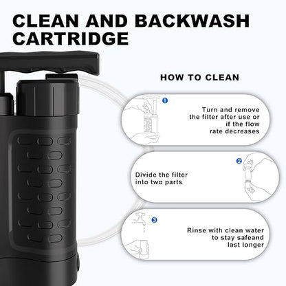 Portable Water Filter Pump, 0.01 Micron Manual Survival Water Purifier for Camping Hiking Backpacking Emergency, Fast Flow Removes Harmful Substances & Sediment (k8188 Black)