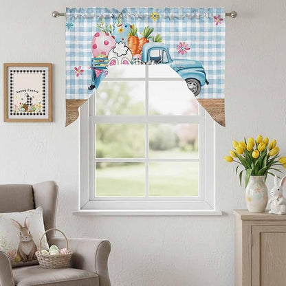 Swag Valance Curtains, Easter Truck with Rabbit Eggs Carrot Rod Pocket Valances Swag Topper for Kitchen Windows, Wood Barn and Blue Checker Light Filtering Short Curtain for Bedroom Bathroom 56x36In
