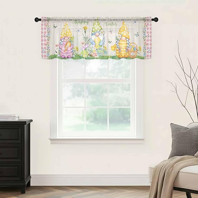 Easter Sheer Valances for Windows 42"x18", Light Filtering Kitchen Curtains Valance, Country Gnomes Duck Floral Eggs Pink Buffalo Check Rod Pocket Chiffon Curtains for Living Room Bedroom Cafe