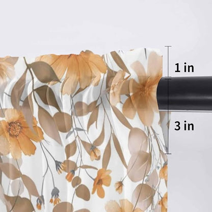 Spring Summer Flowers Sheer Valance Curtains, Vintage Watercolor Orange Floral Leaf Plant Light Filtering Kitchen Valances Rod Pocket Voile Curtain Treatment for Bedroom/Living Room/Basement 54Wx18L