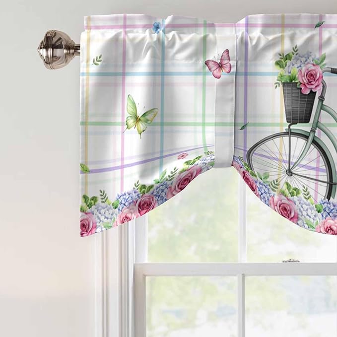 Spring Tie Up Valance Curtains for Windows, Kitchen Curtains Window Shades, Bicycles Botanical Leaves Rose Colorful Stripes Light Filtering Roman Curtain Valances for Bedroom/Bathroom/Cafe 42"x18"