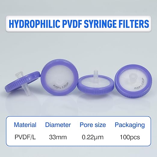 Syringe Filters Hydrophilic PVDF 33 mm 0.22 um,100pcs