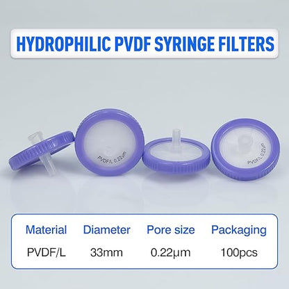 Syringe Filters Hydrophilic PVDF 33 mm 0.22 um,100pcs