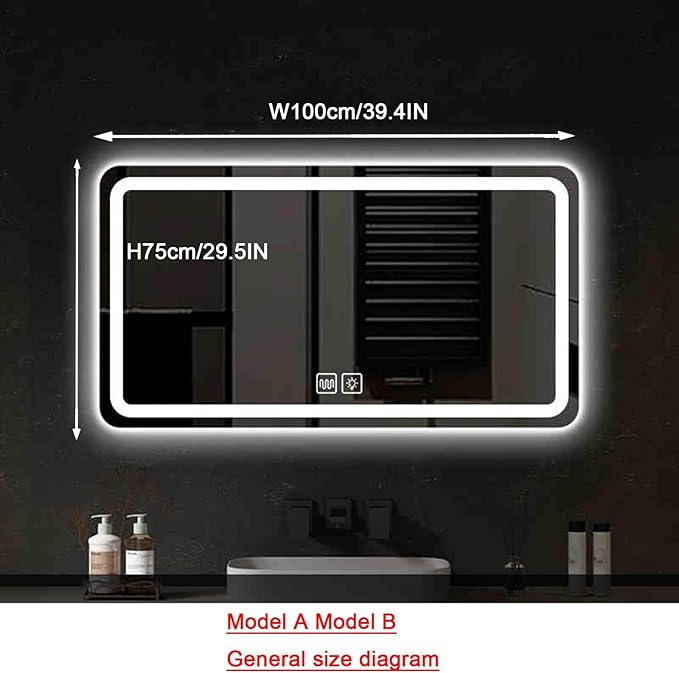 Bathroom Mirror with LED Lights，Illuminated Led Bathroom Mirror with Demister Pad，Illuminated LED Bathroom Mirror,LED Bathroom Mirror，3 Colours Backlit Makeup Mirror(B,H75*W100cm/H29.5*W39.4IN)