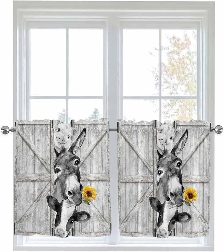Grey Farmhouse Half Window Curtains 24 Inches Long, Vintage Sunflowers Animals Printed Window Treatment Curtain Drapes, Short Curtains Tiers for Kitchen Over Sink, 27.5"x24", 2 Panels
