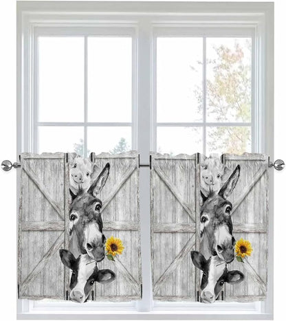 Grey Farmhouse Half Window Curtains 24 Inches Long, Vintage Sunflowers Animals Printed Window Treatment Curtain Drapes, Short Curtains Tiers for Kitchen Over Sink, 27.5"x24", 2 Panels