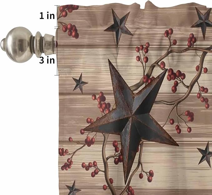 Kitchen Curtains Tiers and Valance Set of 3, Farmhouse Star Brown Light Filtering Window Curtain Set, Retro Branches Berry Wooden Grain Rod Pocket Curtain Drapes for Cafe, Living Room, 24 Inches Tiers