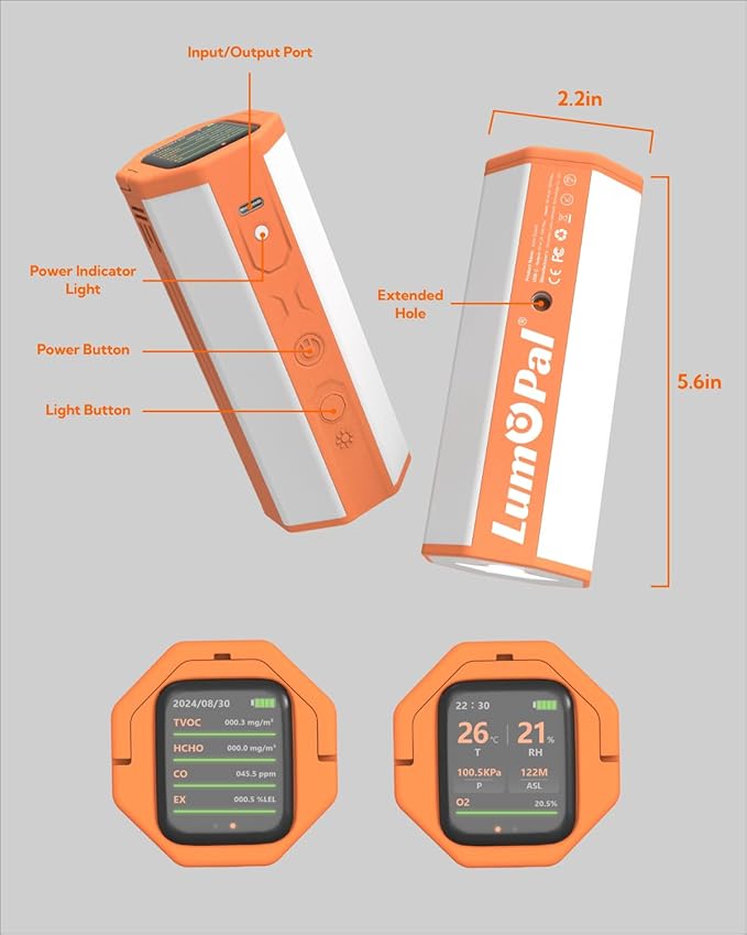 Portable Air Monitor, Lumopal Air Sensor with CO/TVOC/HCHO/EX/Humidity/Temp/Pressure Detector Indoor/Outdoor, VOC Meter CO Detector Gas Alert with 8000mah Long Lasting for Home Camping (Orange)