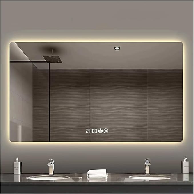 Bathroom Mirror with LED Lights，LED Bathroom Mirror，Smart Lighted Bathroom Mirror for Wall，Energy-Saving LED Smart Mirrors，with Demister Pad，Three-Color Light(H70*W90cm/H27.6*W35.4IN)