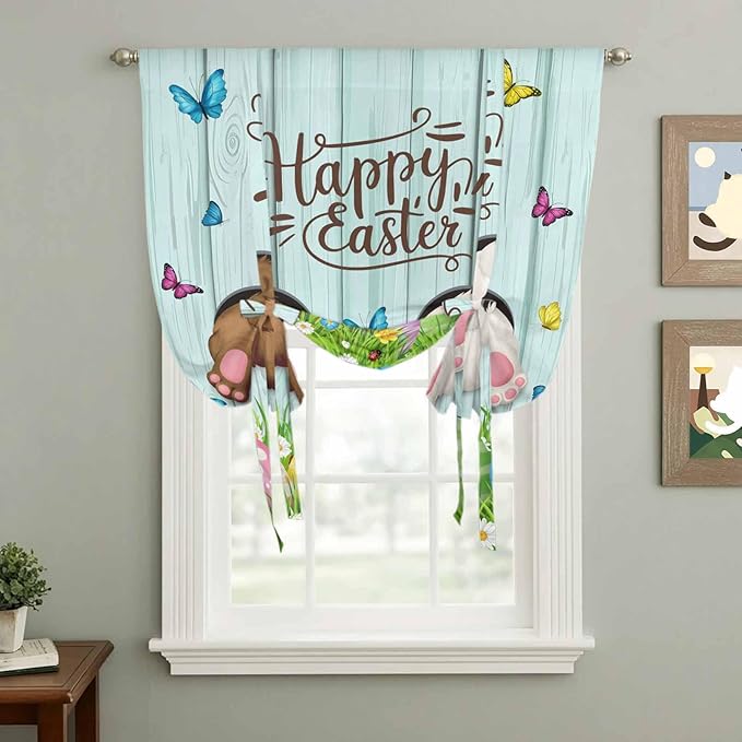 Tie Up Curtains,Happy Easter Bunny Butt Egg Floral Adjustable Rod Pocket Window Shade Curtain Drape Spring Plant on Aqua Wood Tie-Up Valance for Kitchen Bedroom Living Room Windows,42"x63"