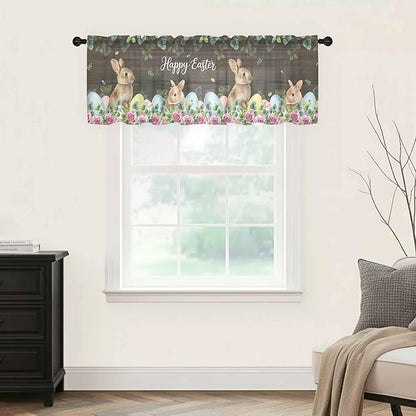 Easter Sheer Valances for Windows 42"x12", Light Filtering Kitchen Curtains Valance, Spring Watercolor Bunny Eggs Flower Leaf Wood Grain Rod Pocket Chiffon Curtains for Living Room Bedroom Cafe