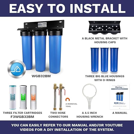 iSpring WGB32BM+AHPF12MNPT16X2 3-Stage Whole House Water Filter System, Reduces Iron & Manganese, Chlorine, Sediment Home Water Filtration System w/ 3/4'' Braided Stainless Steel Hose Connectors