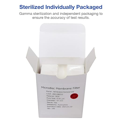 SimPure MCE Gridded Membrane Filter Sterile, 47mm Diameter and 0.45um Pore Size, Individual Pack Membrane Disc Filter, Hydrophilic Filter Paper, Pack of 100