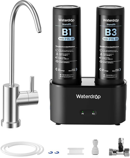 Waterdrop DLB Under Sink Water Filter, Reduces Chlorine, Chloramine, PFAS, Bad Taste, Under Sink Water Filtration System with Separate Faucet,Water Filter for Sink Faucet,Life Indicator, Quick Change